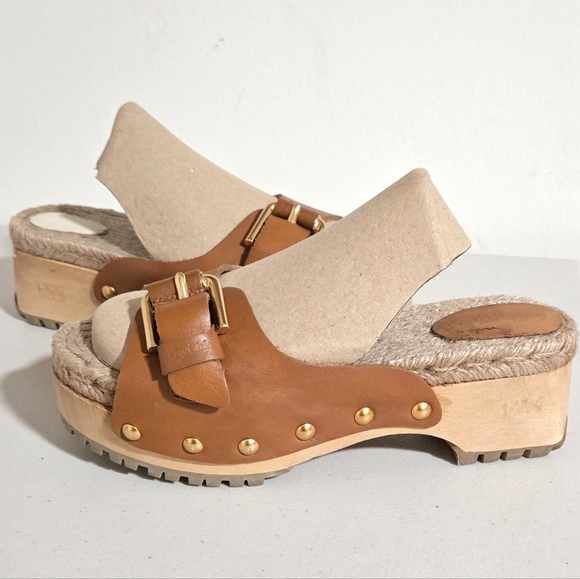 See by Chloe Joline Buckle Espadrille Brown Leather Studded Clog Sandals Size 38 - Picture 1 of 16